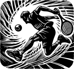 Speed and Power: Tennis Player in Dynamic Mid-Air Stroke. Black and white woodcut art capturing the intense motion and focus of the athlete, suitable for sport design.