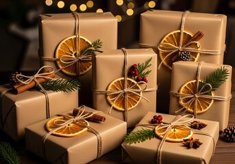 Christmas gifts wrapped in craft paper with natural decorations and bokeh lights
