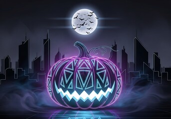 Neon glowing halloween pumpkin in a dark city skyline under a full moon