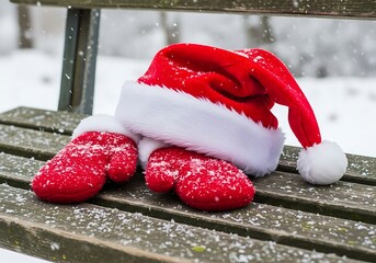 Red santa hat and mittens covered in snow on a wooden bench in winter