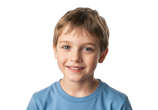 A young boy with short brown hair smiling at the viewer, blue, boy, child, eye, portrait, pose, shirt, smile, t shirt 