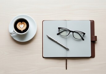 Coffee cup with heart latte art, notebook, pen, and eyeglasses on wooden table