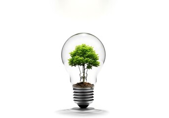 Tree in light bulb, symbolizing green energy, isolated on white background