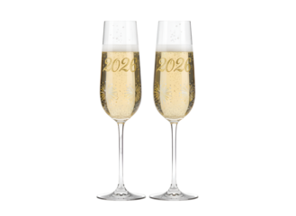 Two Champagne Flutes Toasting, Sparkling Bubbly Drink, Elegant Celebration Glasses, New Year's Eve Party Concept on white background Isolated on Transparent Background