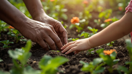 Hands of parent and child planting seeds in garden, warm natural light, symbol of growth