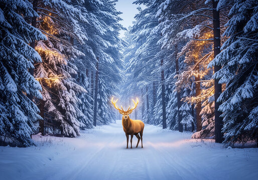 A majestic deer with glowing, illuminated antlers stands in the center of a symmetrical, snow-covered forest path lined with tall, frost-dusted pine trees at twilight.