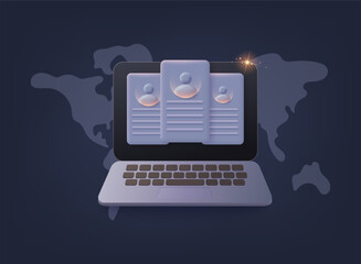 3D illustration of laptop with resumes on the screen. Ideal for HR, recruitment services, job search, hiring platforms and business presentations.