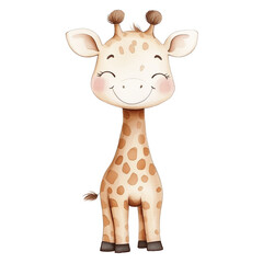Fototapeta premium Adorable baby giraffe watercolor illustration isolated on transparent background smiling giraffe with closed eyes, perfect for nursery decor and baby shower invitations