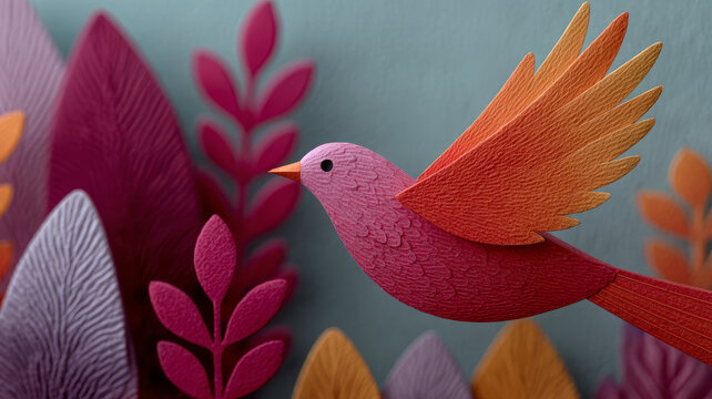 Colorful paper art bird soaring among vibrant leaves.