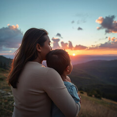 Parent and child watching sunrise together, emotional warmth, symbol of recovery
