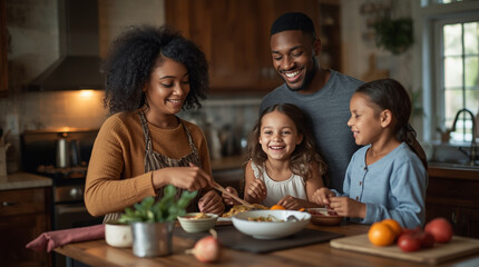 Family cooking simple meal after difficult times, warm light, emotional closeness
