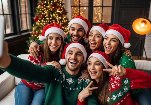 Six diverse, smiling friends in Santa hats and ugly Christmas sweaters taking a happy group selfie during a festive holiday party in a decorated living room.