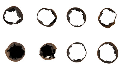 Eight dark circles with jagged burnt edges, white interiors, isolated on black