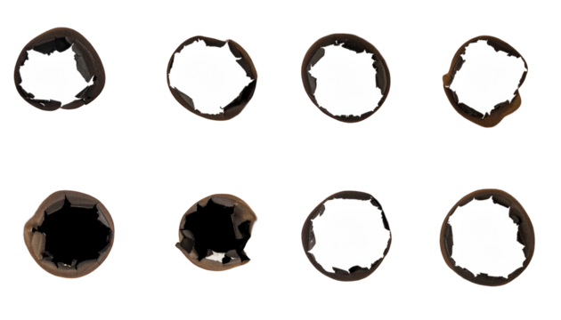 Eight dark circles with jagged burnt edges, white interiors, isolated on black