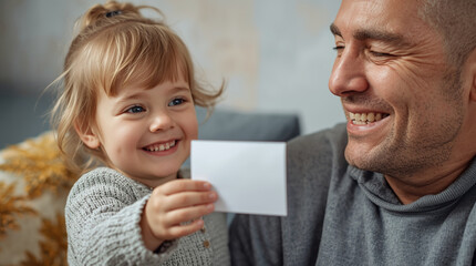Child giving handmade card to tired parent, tender emotional moment. A Small Gesture of Love. 
