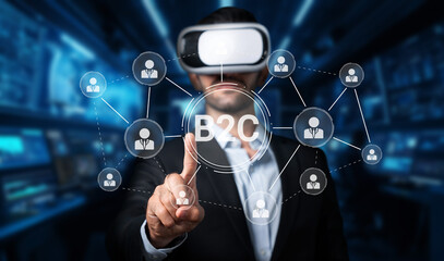 A business professional engages with a virtual reality interface displaying customer connections, emphasizing the role of technology in enhancing B2C interactions and experiences. XDMCP