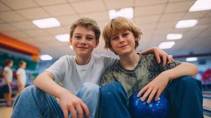 Two young boys are sitting on the floor in a bowling alley, holding a blue ball