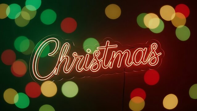 Festive christmas lights display with glowing script text on a dark background