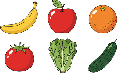 Set of Hand-Drawn Colorful Vector Illustrations of Healthy Fruits and Vegetables, Including Banana, Apple, Orange, Tomato, Lettuce, and Cucumber for Food Graphics