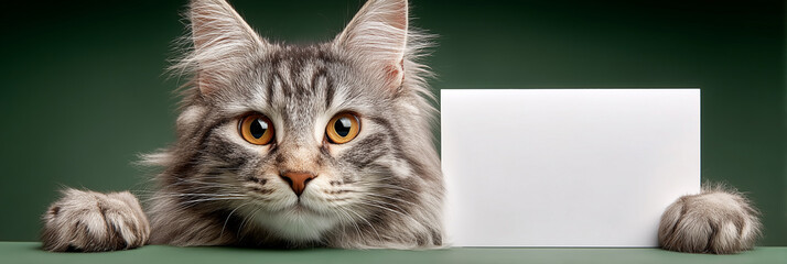 Extreme close-up, portrait of a cute adorable tabby cat, holding a blank sign with copy space against a green background. Looking at the camera with his big eyes. Generative Ai.