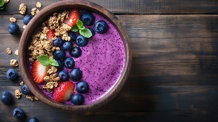 Blueberry smoothie bowl topped granola and fruits wooden background healthy breakfast concept overhead photography style