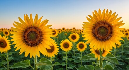 Vibrant sunflower field at sunset with golden light and blue sky