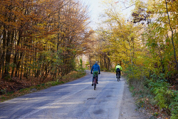 Fototapeta premium An old man who is passionate about cycling rides his bike with his son, enjoying a beautiful autumn day.