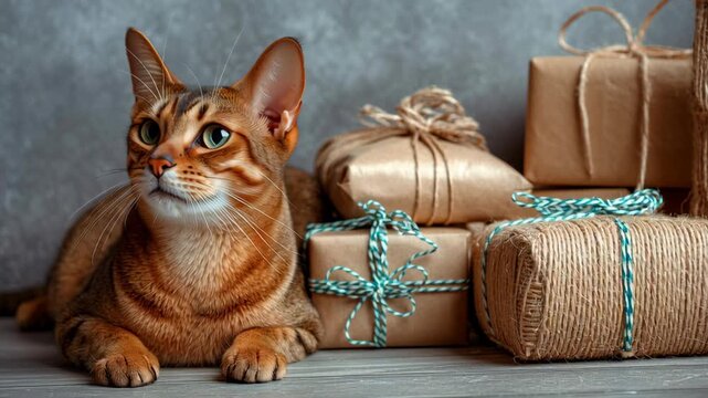 A cat is laying on a table next to a stack of presents. The cat is looking at the camera. Exotic cat beside wrapped gifts, minimal holiday palette
