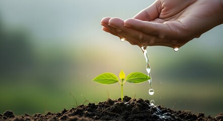 Gentle hands nurturing a seedling with water for growth and life