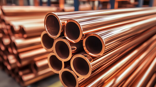 copper pipes in a warehouse store, close-up of a pile of copper pipes lying in a warehouse store, generative ai