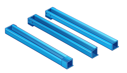 Isometric view of three blue, hollow rectangular beams on a black background