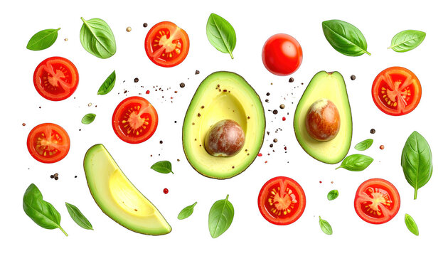 Freshly sliced avocado, tomatoes, basil leaves, and peppercorns on black background