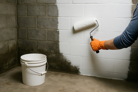 Worker applying white paint sealer on concrete basement wall using roller brush waterproofing and mold prevention renovation process