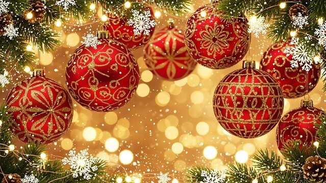 Festive red ornaments adorn a twinkling christmas tree surrounded by warm golden lights and delicate snowflakes creating a magical holiday scene