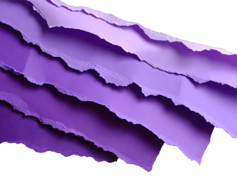 Purple paper layers cascade with torn edge detail, isolated on white background.