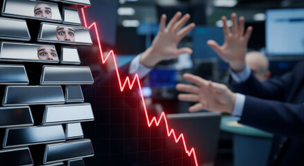 Financial crash panic as stock values plummet with worried expressions showing