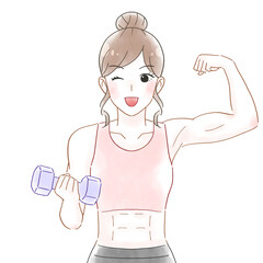 ダンベルで鍛える女性 白黒イラスト