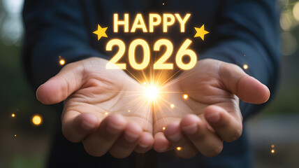 Embrace a luminous Happy 2026, new year celebration, warm hands gently cradle hope, radiating optimism and joyful anticipation for future success and prosperity