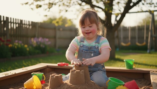 Young girl with down syndrome building sandcastles in a sunlit garden scene. embracing outdoor play and creativity with colorful toys.