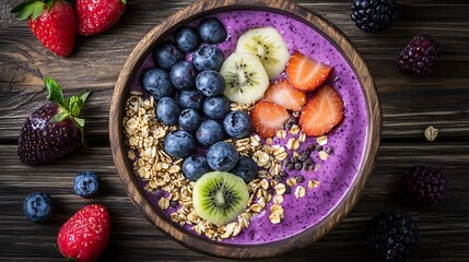 Blueberry smoothie bowl topped granola and fruits wooden background healthy breakfast concept overhead photography style
