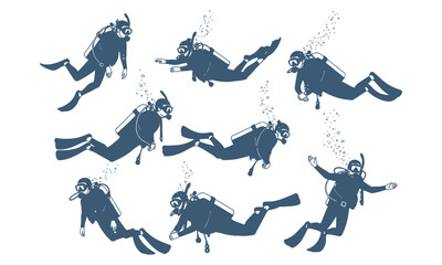 Underwater scuba divers illustration set with bubbles in blue tones