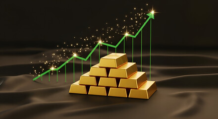 Gold bars and upward trend line show financial success and investment growth