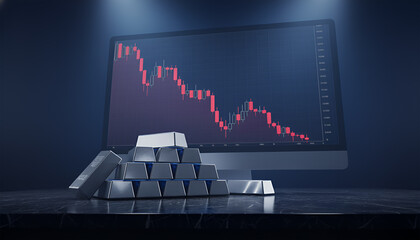 Silver bars reflect market downturn, ideal for financial crisis concepts and investment
