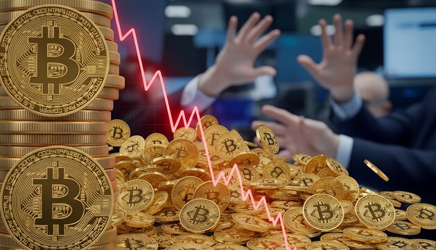Bitcoin market crash with falling graph and frightened traders losing money