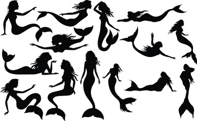 Collection of Mermaid Silhouettes in Various Poses