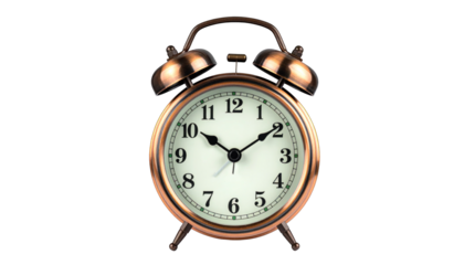 A copper-toned retro alarm clock with a white face, isolated on a black background
