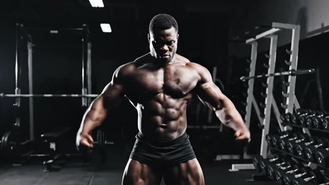 Muscular african american man flexing biceps and abs in gym. Bodybuilder posing during physical workout for strength and fitness.