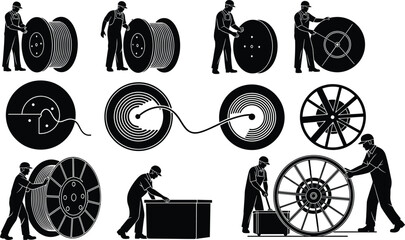 Electricians installing cable spool, industrial workers moving huge wire reels, construction professionals managing massive fiber optic cable drums, isolated vector 