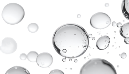 Transparent, spherical orbs of various sizes float against a pure black background