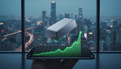 Successful investment gains displayed on phone with gold bar and city view